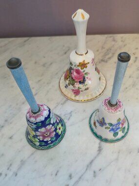 Vintage Hand Bells Set of 3 Floral Porcelain Cloisonné Style Crown Bone China